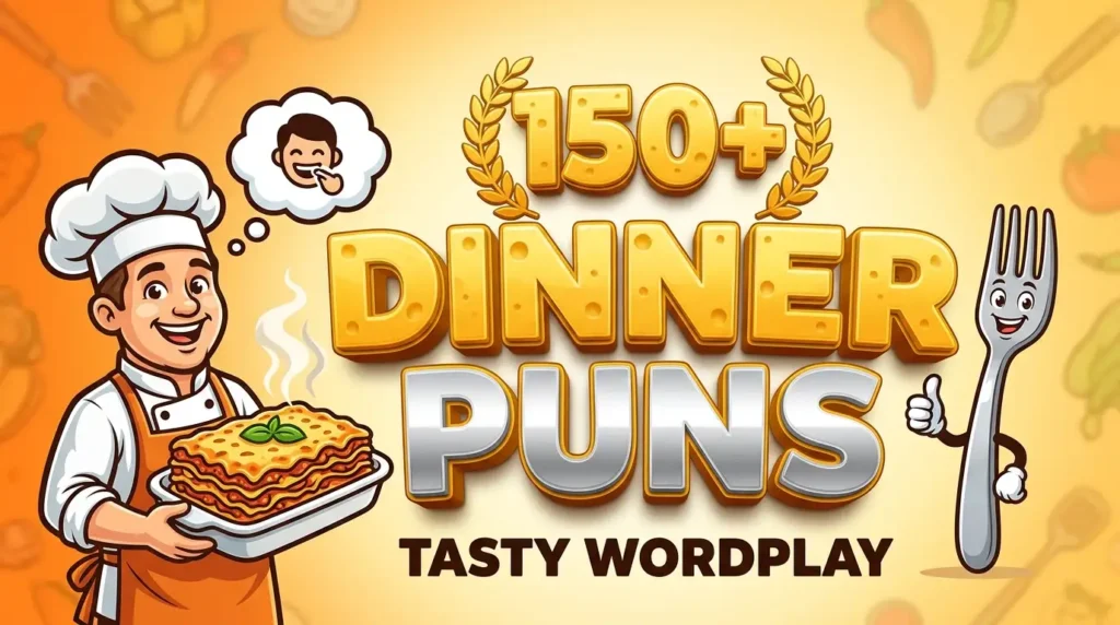 A vibrant featured image with bold 3D text 'DINNER PUNS', a chef mascot holding lasagna, and a smiling fork character.