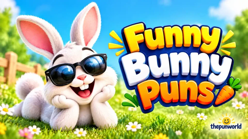 Funny bunny puns featured image with a cute rabbit wearing sunglasses in a sunny meadow.