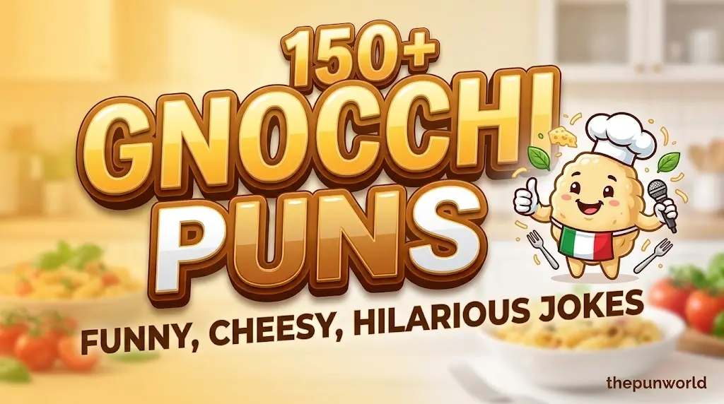 A vibrant featured image for 'thepunworld' highlighting gnocchi puns with bold 3D text and a smiling gnocchi chef mascot.