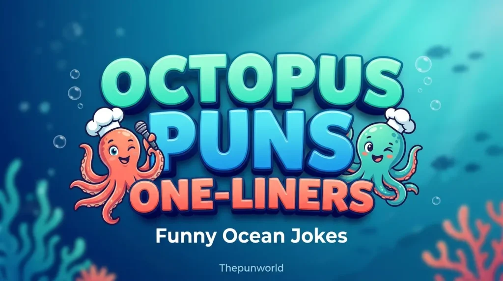 Bold 3D typography reads 'Octopus Puns One-Liners' with cute illustrated octopuses in an underwater scene for Thepunworld.