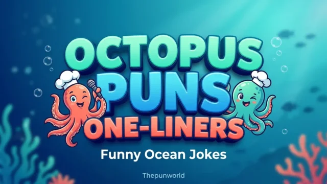 Bold 3D typography reads 'Octopus Puns One-Liners' with cute illustrated octopuses in an underwater scene for Thepunworld.