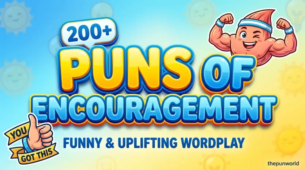 Featured image with bold 3D text "Puns of Encouragement" next to a smiling muscle flame mascot flexing.