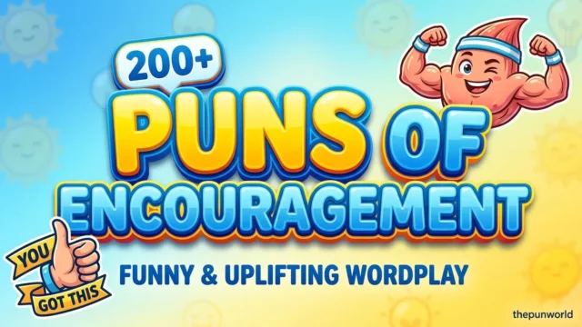 Featured image with bold 3D text "Puns of Encouragement" next to a smiling muscle flame mascot flexing.