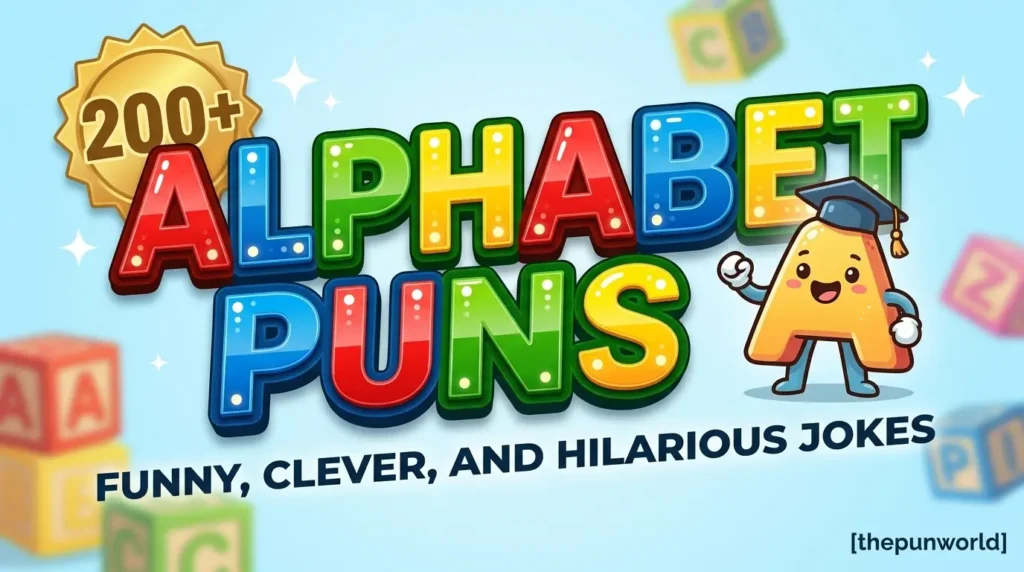 A vibrant featured image for 'alphabet puns' highlighting alphabet puns with bold 3D text and a smiling cartoon letter mascot wearing a graduation cap.
