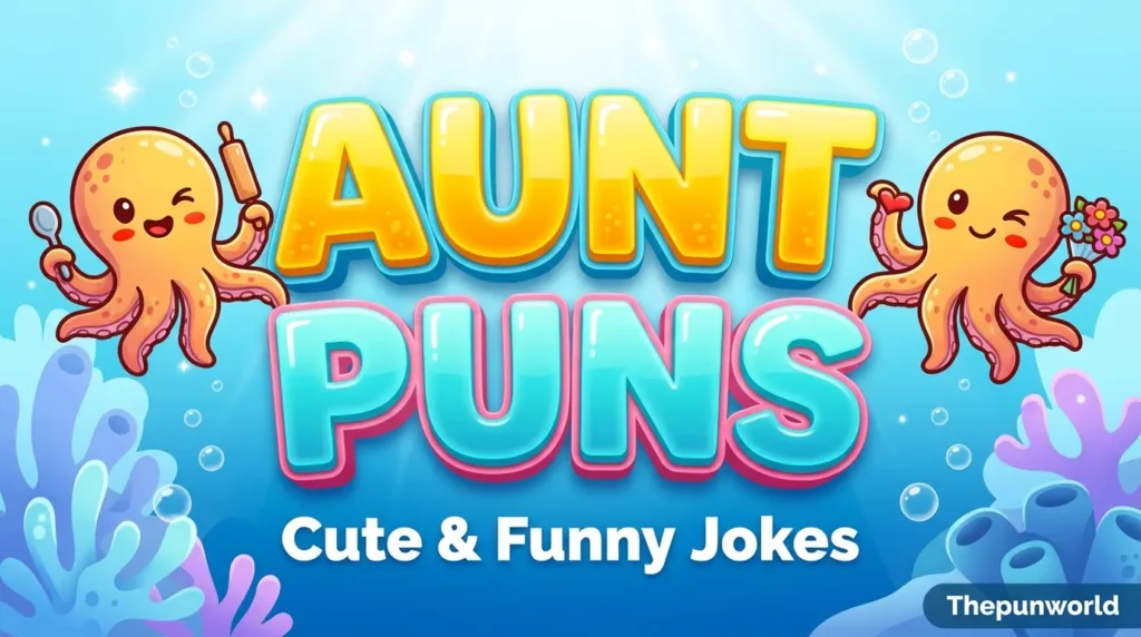 A playful featured image for 'Aunt Puns' showing glossy yellow and blue 3D text with cute octopus mascots in an ocean setting for Thepunworld.