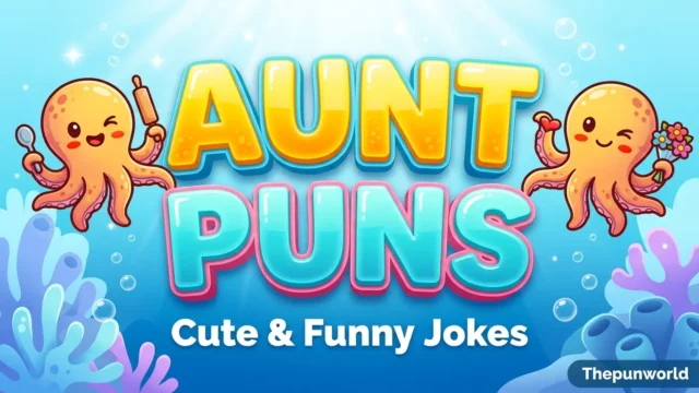 A playful featured image for 'Aunt Puns' showing glossy yellow and blue 3D text with cute octopus mascots in an ocean setting for Thepunworld.