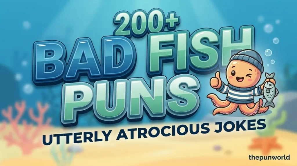 A vibrant featured image for 'bad fish puns' highlighting bad fish puns with bold marine-blue 3D text and a cheerful octopus mascot wearing a beanie.