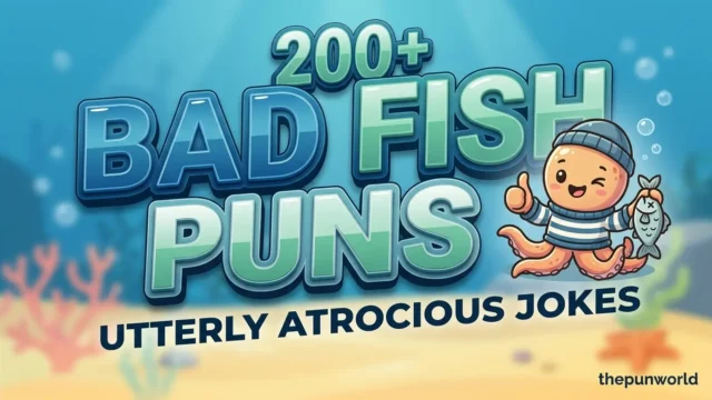 A vibrant featured image for 'bad fish puns' highlighting bad fish puns with bold marine-blue 3D text and a cheerful octopus mascot wearing a beanie.