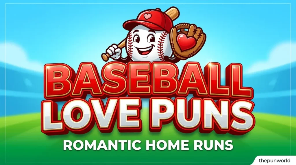 A colorful illustrated mascot of a baseball character with hearts and a bat, promoting baseball love puns.