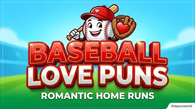 A colorful illustrated mascot of a baseball character with hearts and a bat, promoting baseball love puns.
