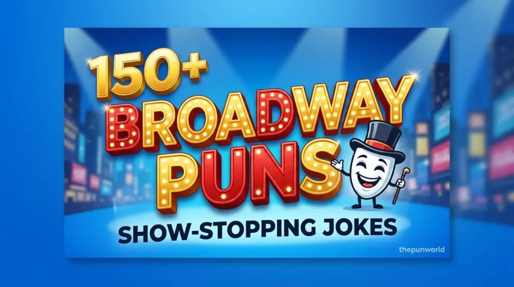 A vibrant featured image with bold 3D text 'BROADWAY PUNS' and a cartoon comedy mask in a top hat.