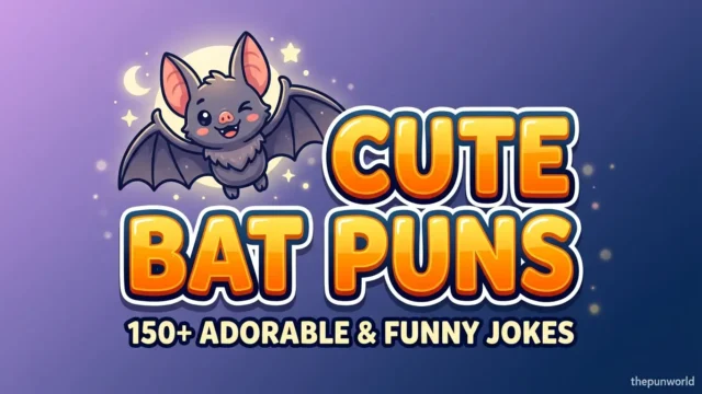 Vibrant featured image with huge orange 3D text "cute bat puns" and a winking cartoon bat, highlighting 150+ funny bat jokes for maximum clicks.