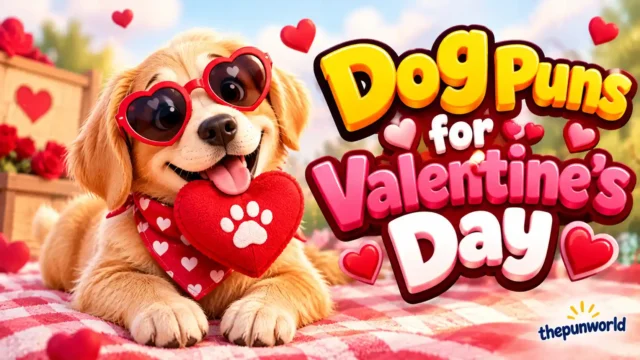 Dog puns for Valentine's Day featured image with a cute golden puppy wearing heart-shaped sunglasses and holding a red heart.