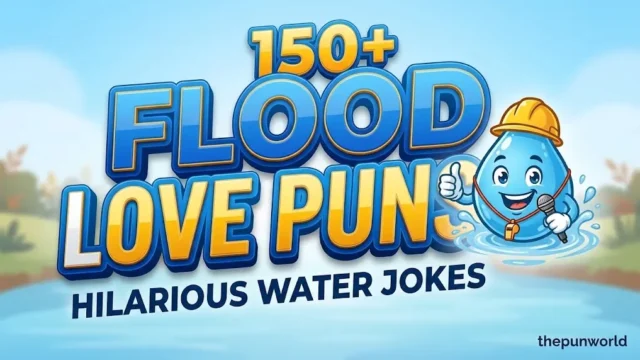 A vibrant featured image with bold 3D text 'FLOOD PUNS' and a friendly water droplet mascot wearing a hard hat, for 'thepunworld'.