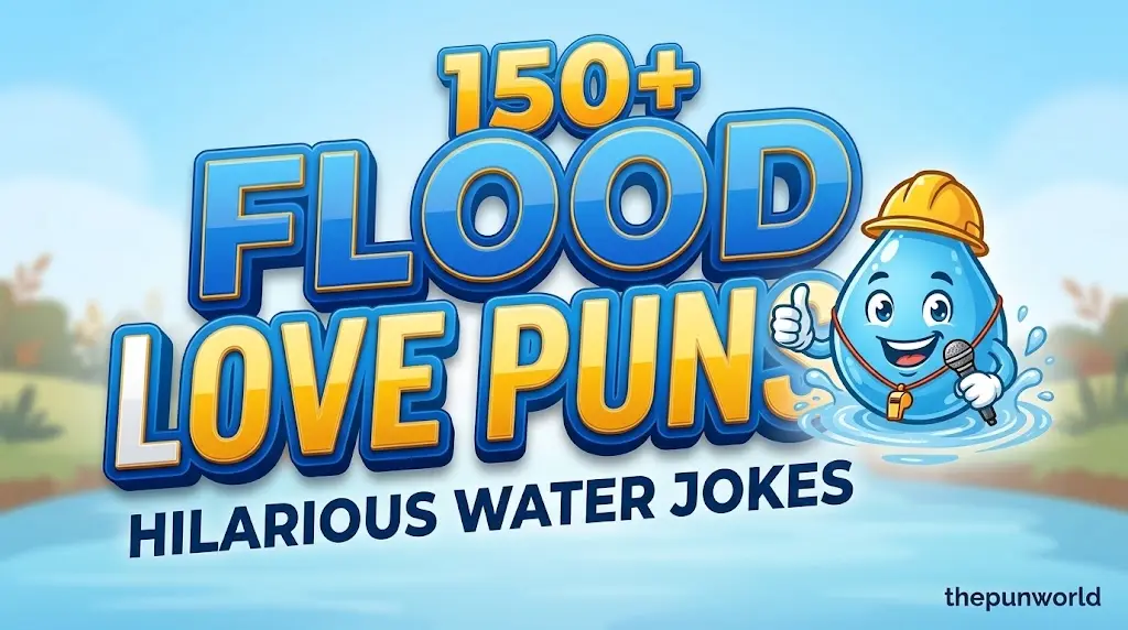 A vibrant featured image with bold 3D text 'FLOOD PUNS' and a friendly water droplet mascot wearing a hard hat, for 'thepunworld'.