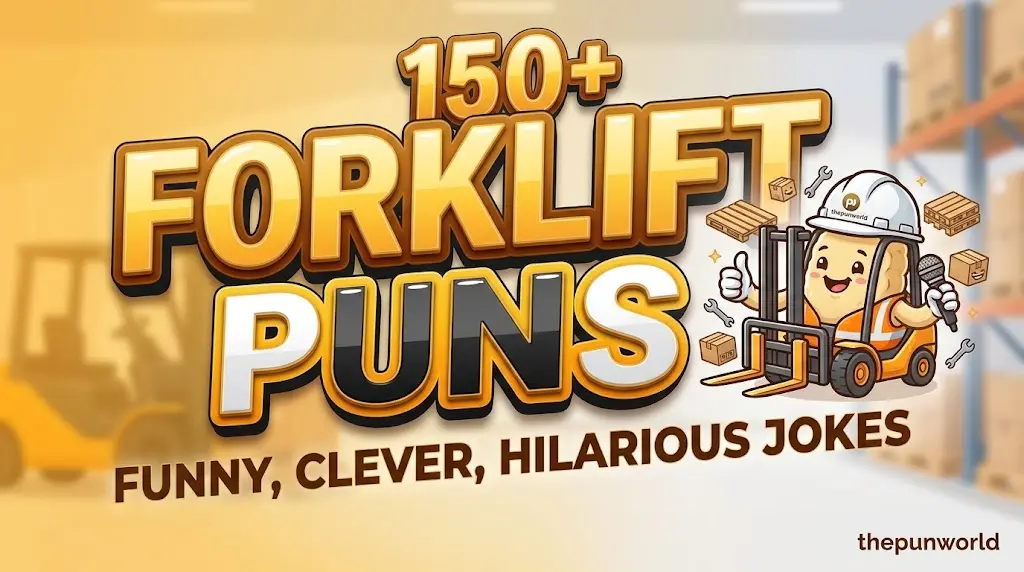 A vibrant featured image for 'forklift puns' highlighting forklift puns with bold 3D text and a smiling forklift mascot wearing a hard hat and safety vest.