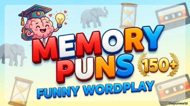 A vibrant featured image with bold, colorful 3D text 'MEMORY PUNS', a brain mascot, and blurred elements.