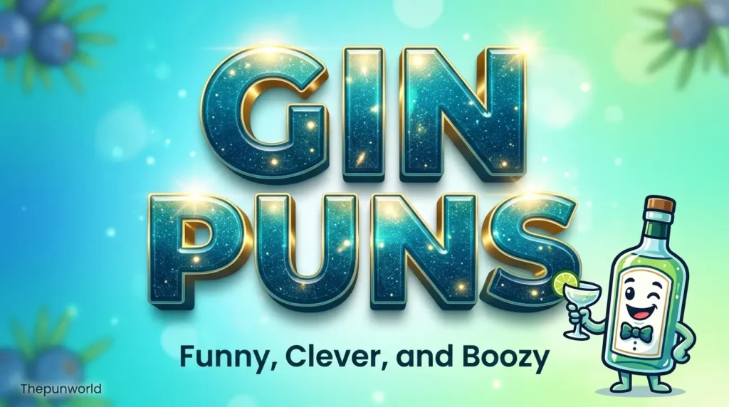 A vibrant 3D title reading 'gin puns' alongside a cheerful gin bottle mascot holding a cocktail, set against a teal background.
