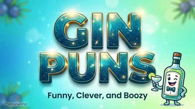 A vibrant 3D title reading 'gin puns' alongside a cheerful gin bottle mascot holding a cocktail, set against a teal background.