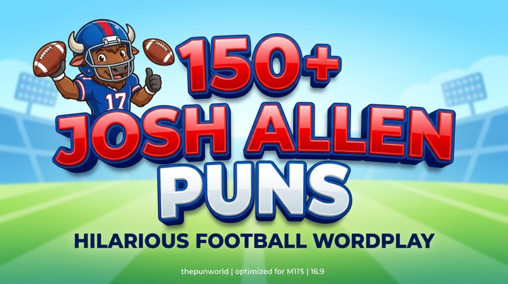 A dynamic featured image with bold 3D text 'JOSH ALLEN PUNS' and a cartoon buffalo mascot on a football field.