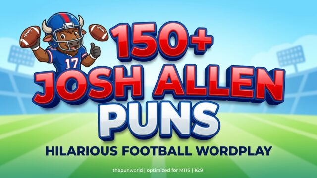 A dynamic featured image with bold 3D text 'JOSH ALLEN PUNS' and a cartoon buffalo mascot on a football field.