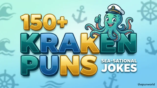 A vibrant featured image with bold 3D text 'KRAKEN PUNS' and a friendly, smiling kraken mascot in a captain's hat.