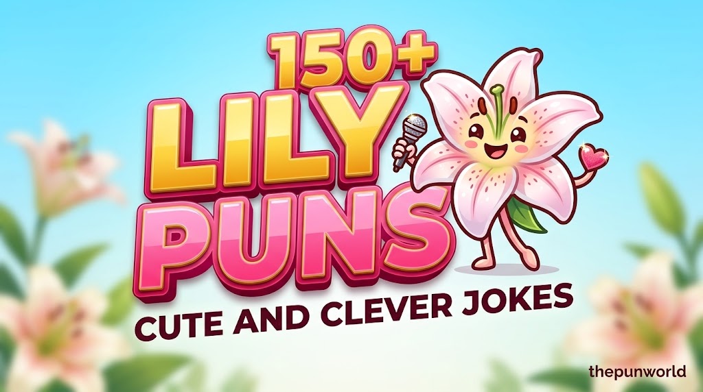 A vibrant featured image with bold 3D text 'LILY PUNS' and a friendly, smiling lily mascot for 'thepunworld'.