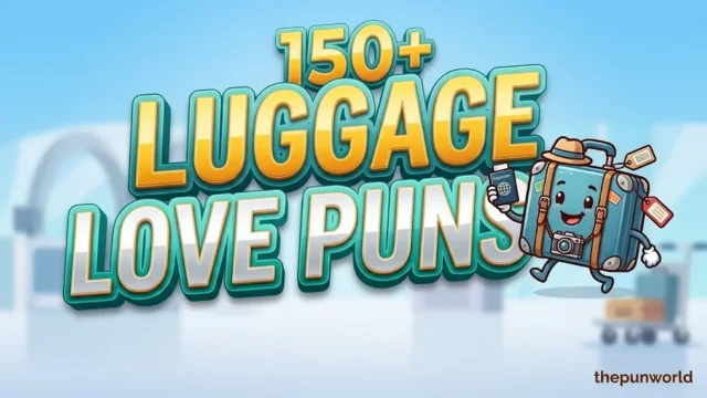 A vibrant featured image for 'luggage puns' highlighting luggage puns with bold 3D text, a cheerful suitcase mascot, and travel elements.