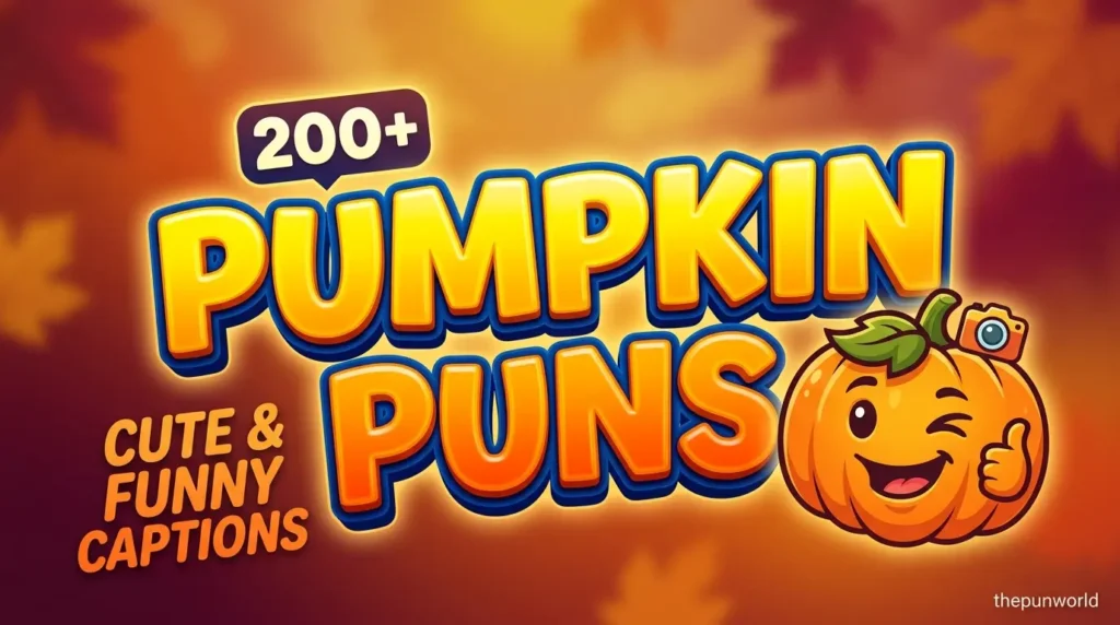 Featured image showing glossy 3D text reading 200+ pumpkin puns for instagram next to a cute winking pumpkin mascot holding a camera.