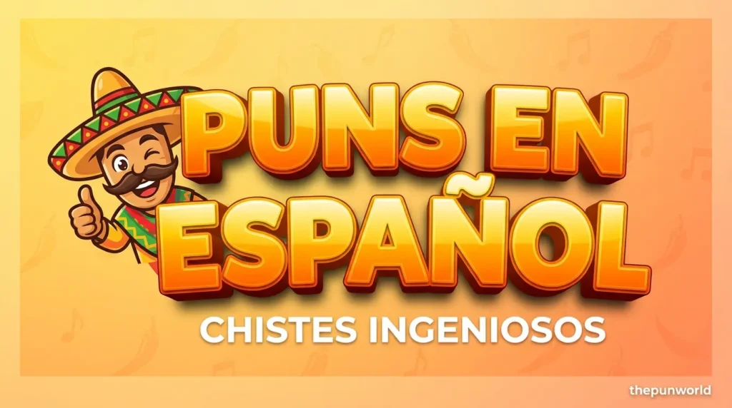 Vibrant illustrated thumbnail featuring bold 3D typography and a cheerful sombrero mascot, highlighting humorous puns en español for an article cover.