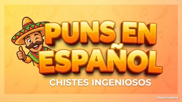 Vibrant illustrated thumbnail featuring bold 3D typography and a cheerful sombrero mascot, highlighting humorous puns en español for an article cover.