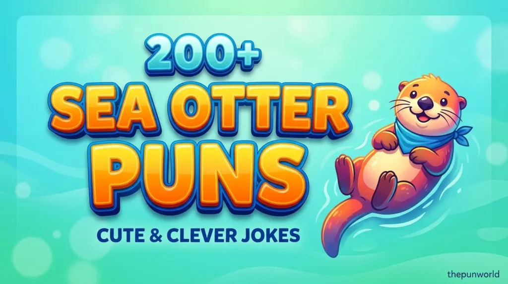 Featured image with large 3D text "200+ sea otter puns" and a cute cartoon otter floating on a bright blue background.