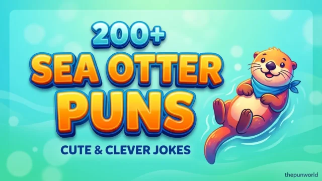 Featured image with large 3D text "200+ sea otter puns" and a cute cartoon otter floating on a bright blue background.