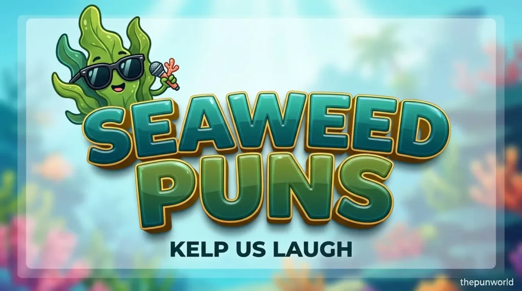 A vibrant featured image with bold 3D teal text reading 'SEAWEED PUNS' and a cartoon kelp mascot in an underwater scene.