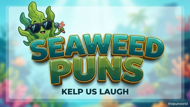 A vibrant featured image with bold 3D teal text reading 'SEAWEED PUNS' and a cartoon kelp mascot in an underwater scene.