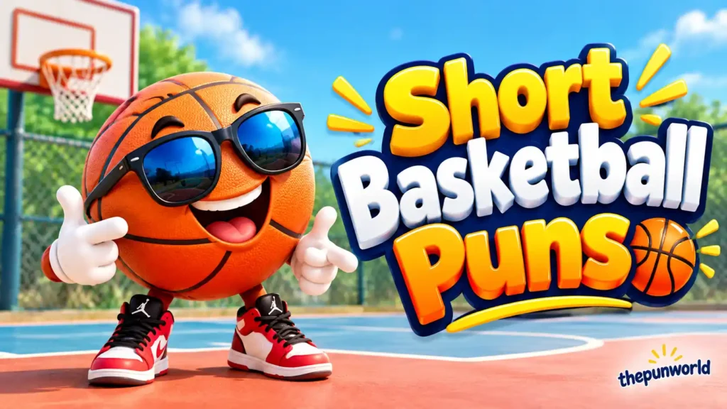 Short basketball puns featured image with a smiling basketball mascot wearing sunglasses on a court.