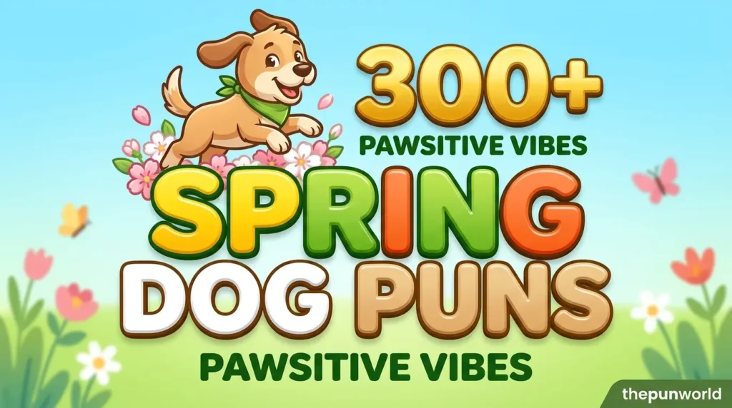 A cheerful featured image with bold 3D text 'SPRING DOG PUNS', a jumping cartoon dog mascot, and '300+' in gold.