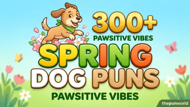 A cheerful featured image with bold 3D text 'SPRING DOG PUNS', a jumping cartoon dog mascot, and '300+' in gold.